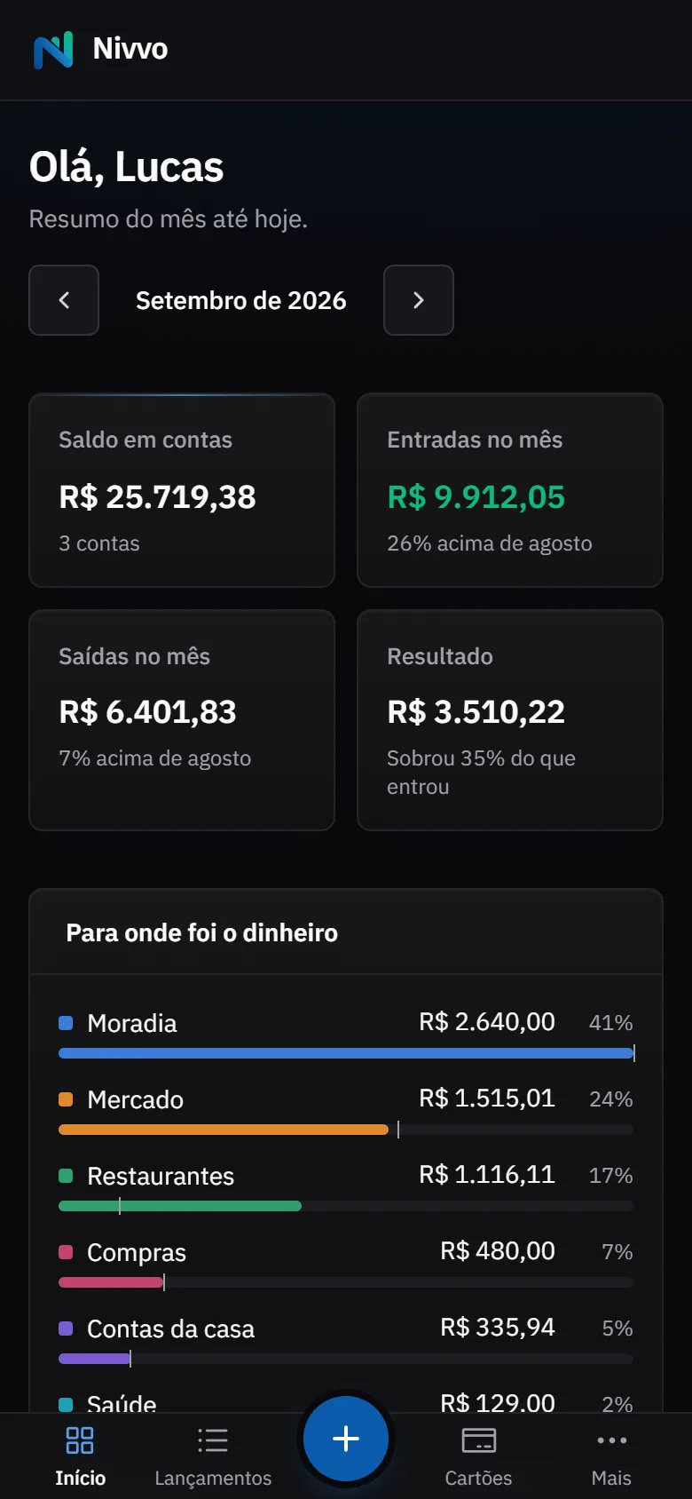 O Nivvo no celular, com saldo, entradas e saídas do mês.
